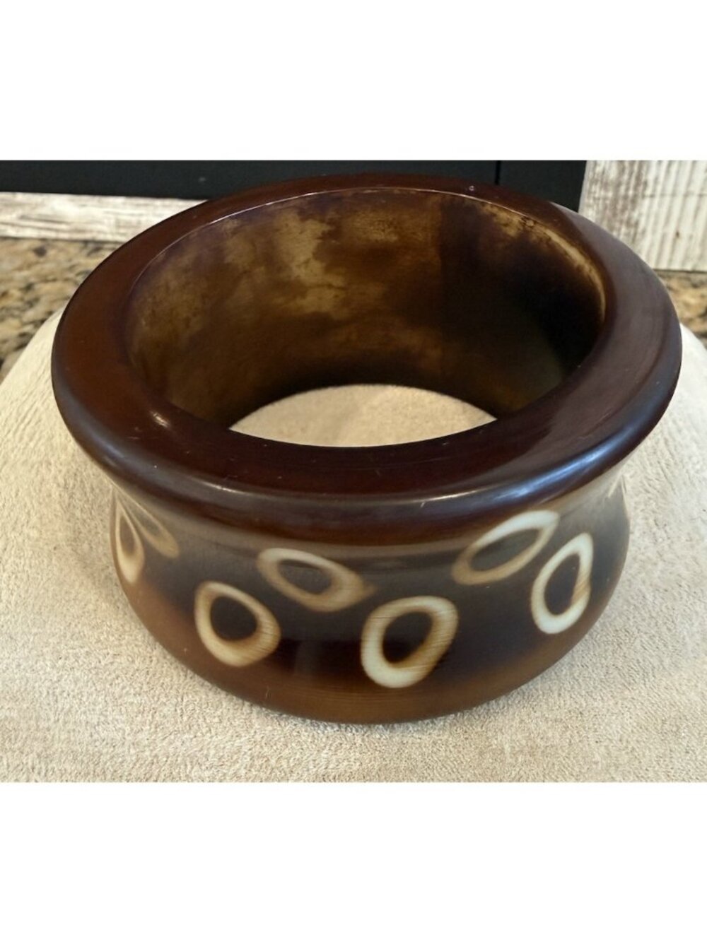 Vintage Bakelite Bangle Bracelet Peacock Dots Design Dark Chocolate Brown